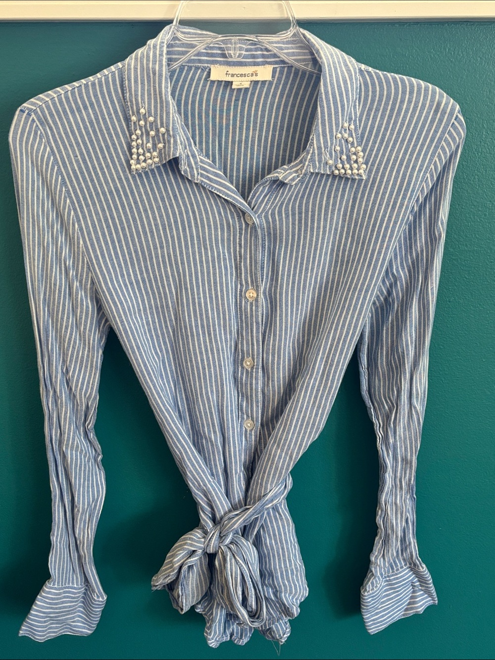 Francesca's Light Blue & White Striped Tie-Front Pearl Collar Shirt